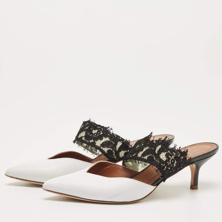 Pre Owned Malone Souliers White/Black Lace and Leather Maisie Mules Size 36
