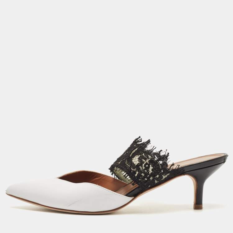 Pre Owned Malone Souliers White/Black Lace and Leather Maisie Mules Size 36