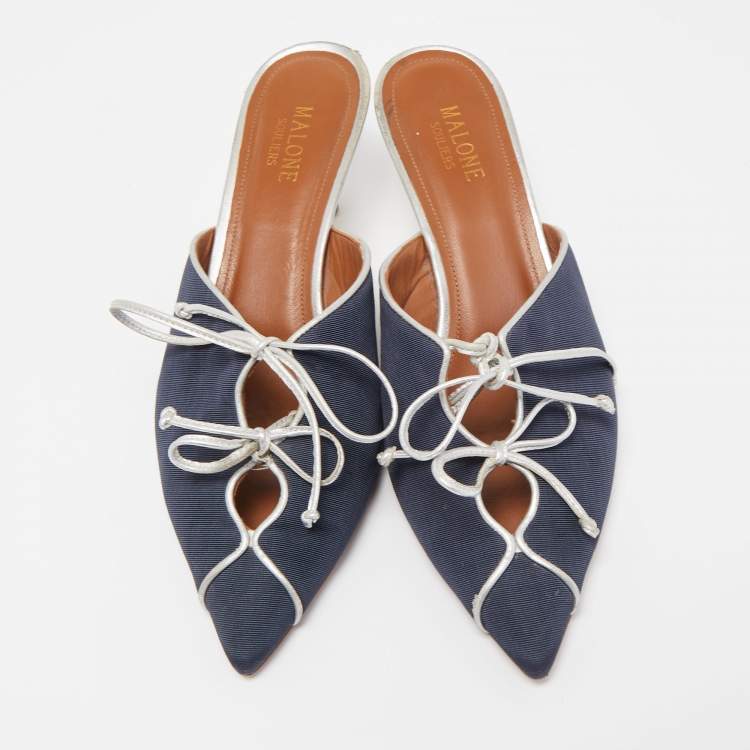 Pre Owned Malone Souliers Navy Blue Canvas Victoria Bow Mules Size 38.5