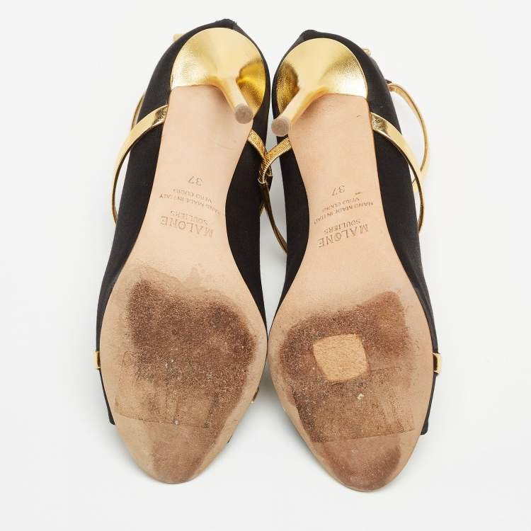Pre Owned Malone Souliers Gold/Black Satin and Leather Mika Triple Band Sandals Size 37
