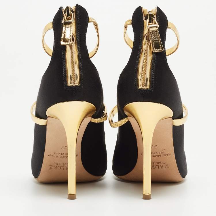 Pre Owned Malone Souliers Gold/Black Satin and Leather Mika Triple Band Sandals Size 37