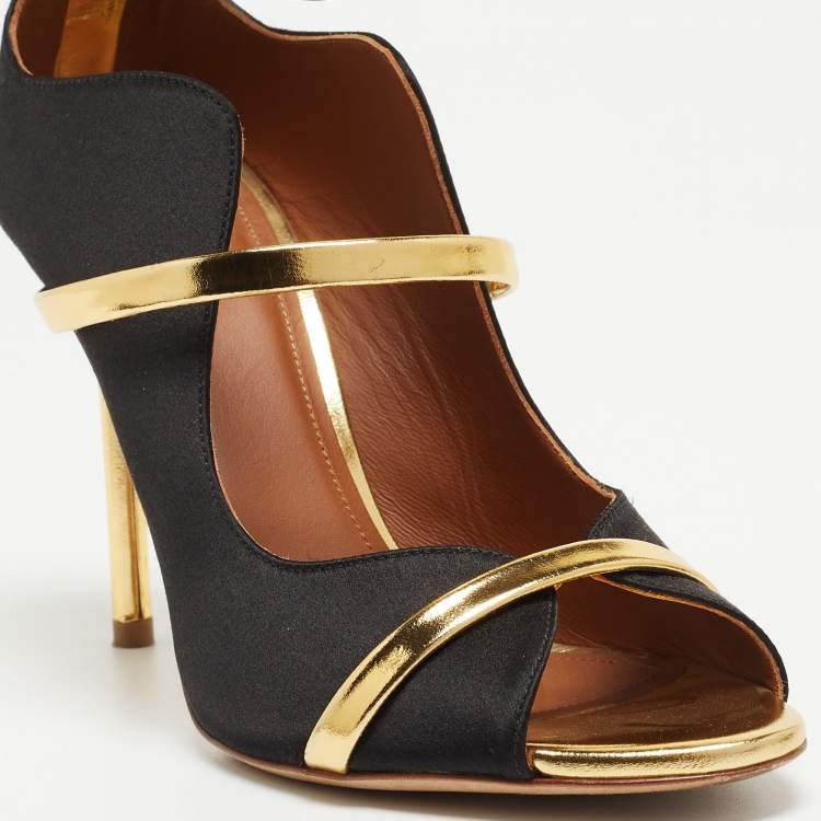 Pre Owned Malone Souliers Gold/Black Satin and Leather Mika Triple Band Sandals Size 37