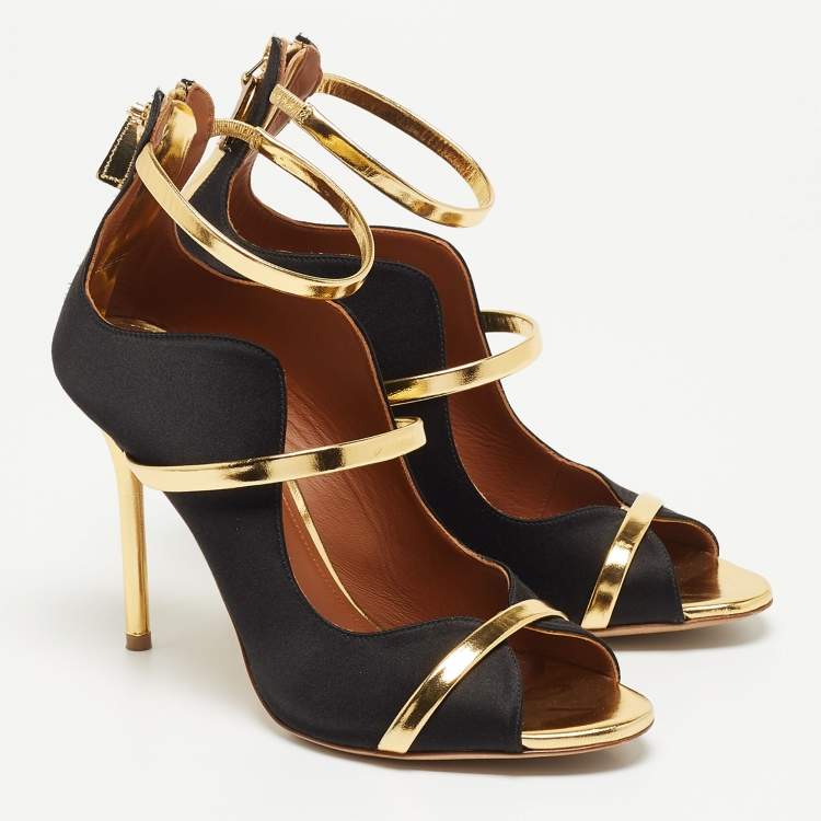 Pre Owned Malone Souliers Gold/Black Satin and Leather Mika Triple Band Sandals Size 37