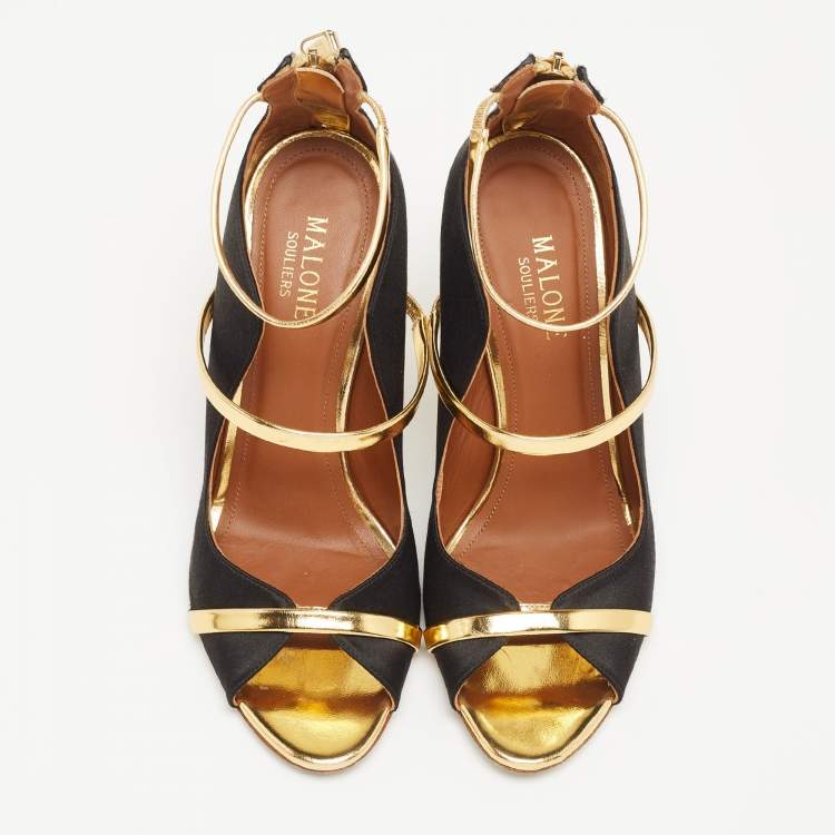 Pre Owned Malone Souliers Gold/Black Satin and Leather Mika Triple Band Sandals Size 37