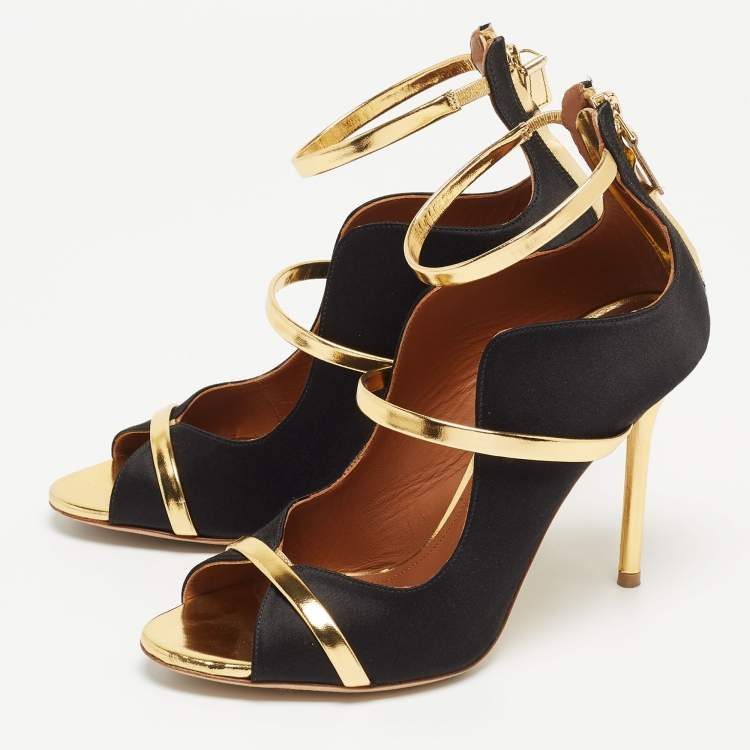 Pre Owned Malone Souliers Gold/Black Satin and Leather Mika Triple Band Sandals Size 37