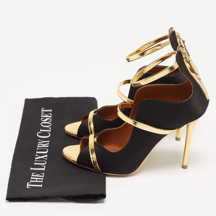 Pre Owned Malone Souliers Gold/Black Satin and Leather Mika Triple Band Sandals Size 37