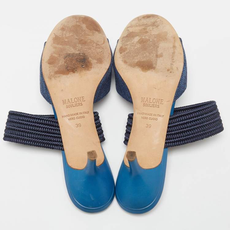 Pre Owned Malone Souliers Blue Canvas Milena Slide Sandals Size 39