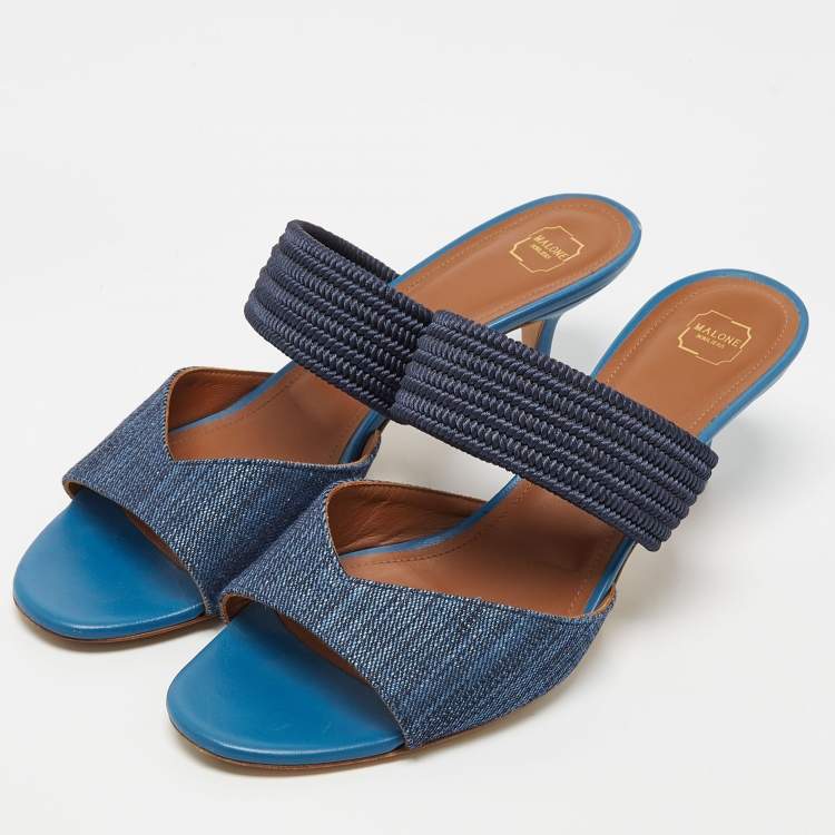 Pre Owned Malone Souliers Blue Canvas Milena Slide Sandals Size 39