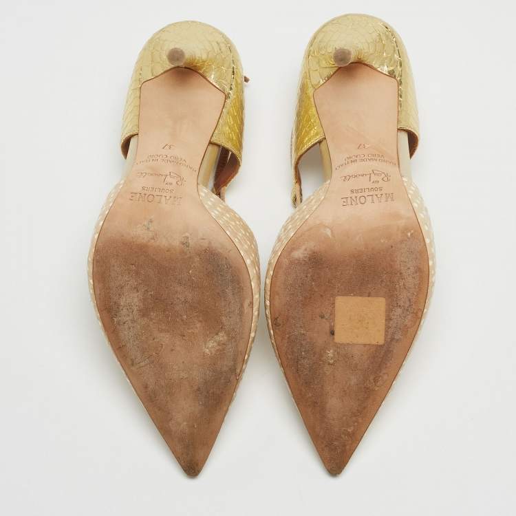 مملوكة مسبقًا Malone Souliers Beige/Gold Printed Leather and Embossed Python Daria Pumps Size 37