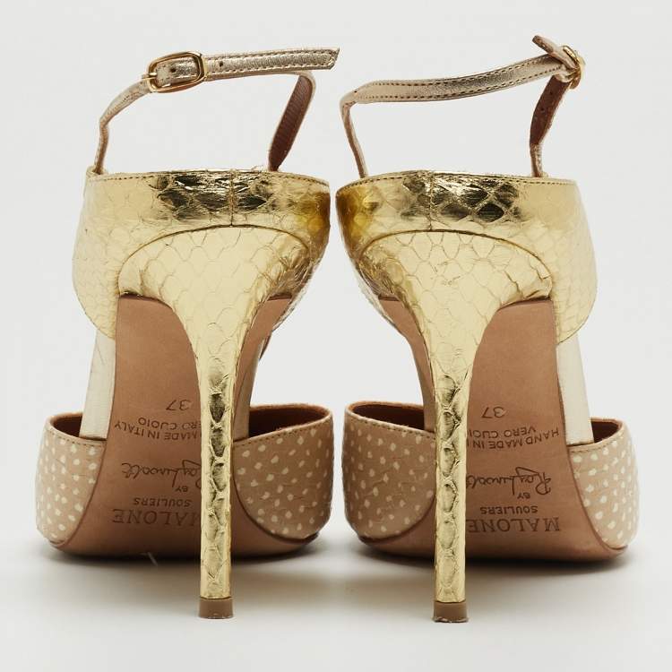 مملوكة مسبقًا Malone Souliers Beige/Gold Printed Leather and Embossed Python Daria Pumps Size 37