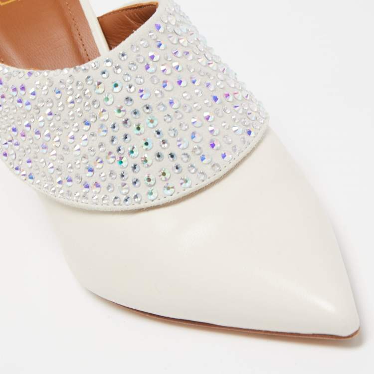 Pre Owned Malone Souliers Cream Leather Crystal Embellished Maisie Mules Size 38