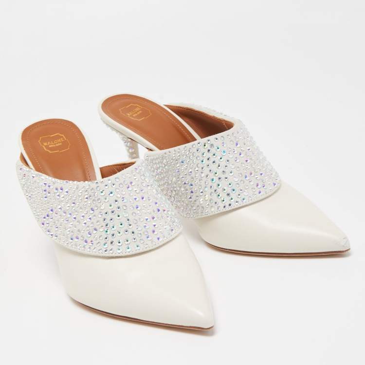 Pre Owned Malone Souliers Cream Leather Crystal Embellished Maisie Mules Size 38