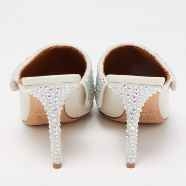 Pre Owned Malone Souliers Cream Leather Crystal Embellished Maisie Mules Size 38