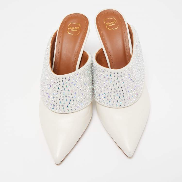 Pre Owned Malone Souliers Cream Leather Crystal Embellished Maisie Mules Size 38