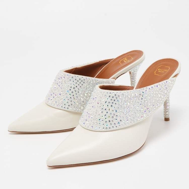 Pre Owned Malone Souliers Cream Leather Crystal Embellished Maisie Mules Size 38