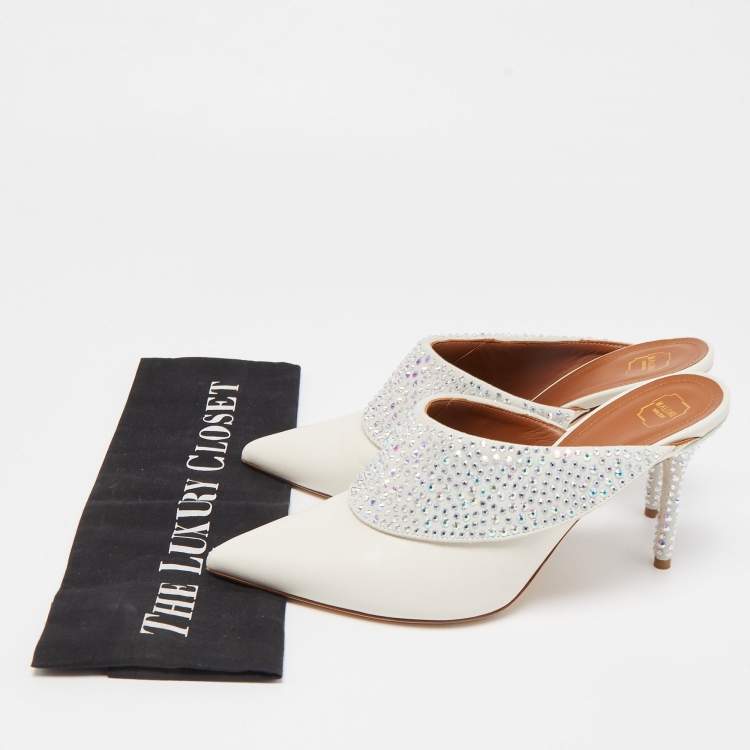 Pre Owned Malone Souliers Cream Leather Crystal Embellished Maisie Mules Size 38