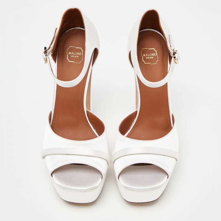 Pre Owned Malone Souliers White Satin Yuri Platform Sandals Size 35.5