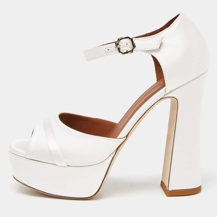 Pre Owned Malone Souliers White Satin Yuri Platform Sandals Size 35.5