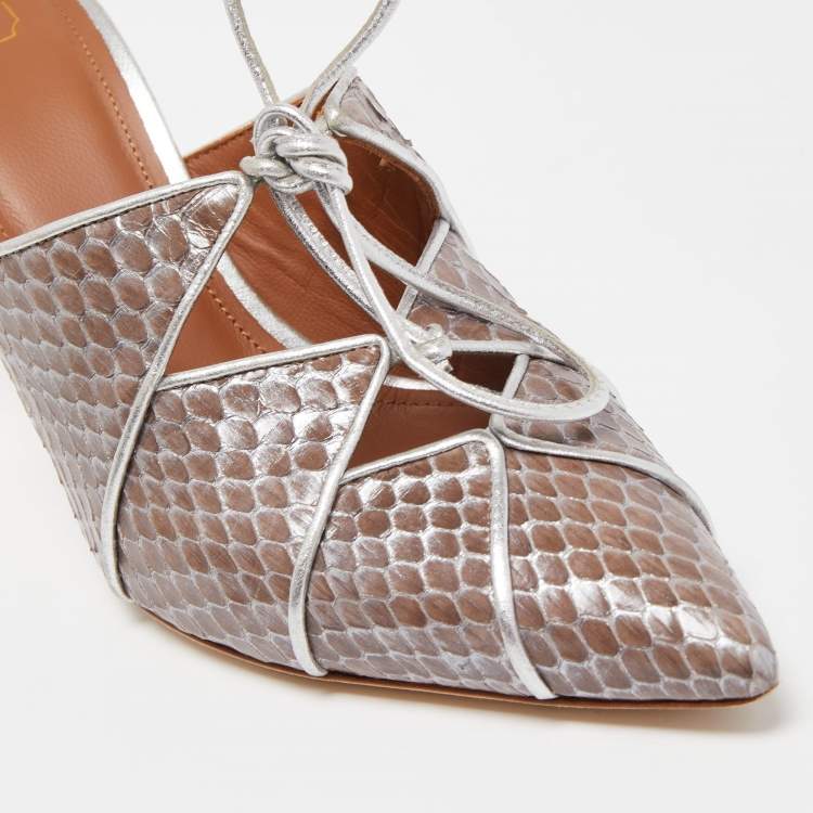 Pre Owned Malone Souliers Silver/Brown Snakeskin and Leather Lulu Tie Mules Size 38