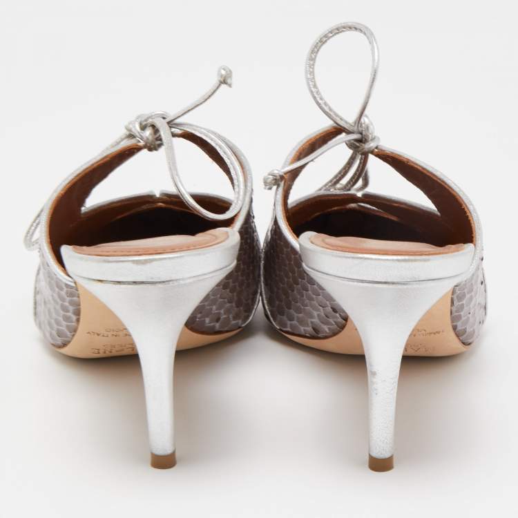 Pre Owned Malone Souliers Silver/Brown Snakeskin and Leather Lulu Tie Mules Size 38