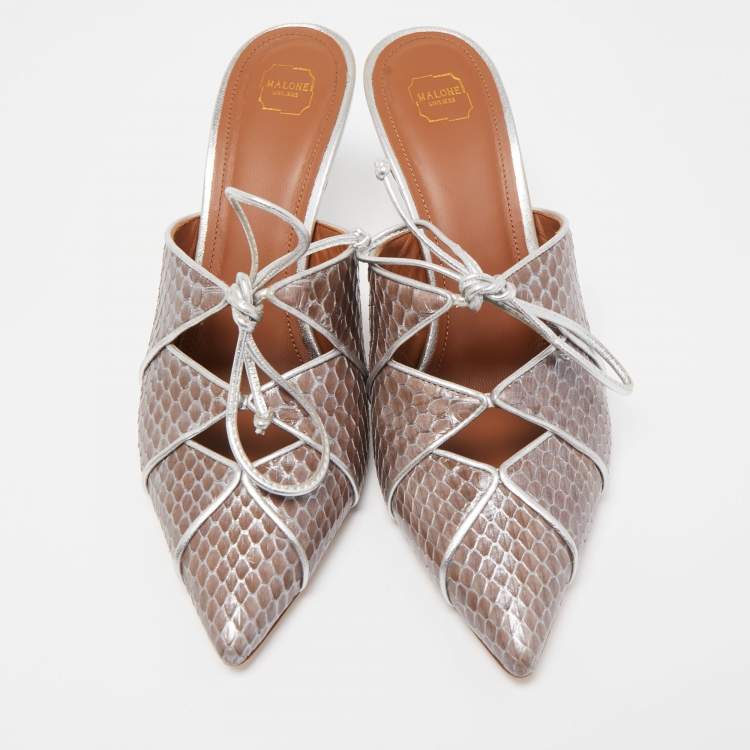 Pre Owned Malone Souliers Silver/Brown Snakeskin and Leather Lulu Tie Mules Size 38