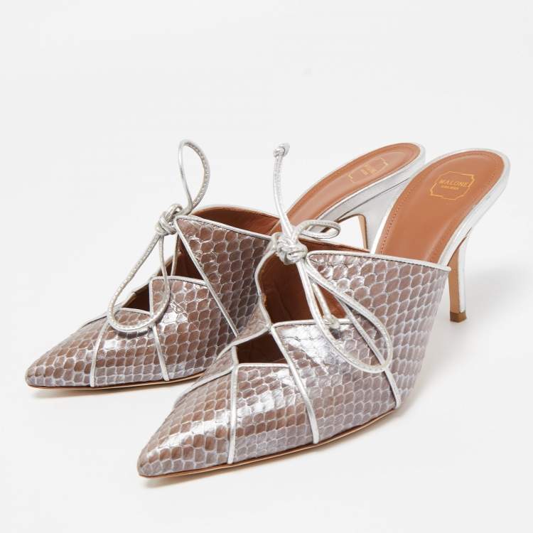 Pre Owned Malone Souliers Silver/Brown Snakeskin and Leather Lulu Tie Mules Size 38