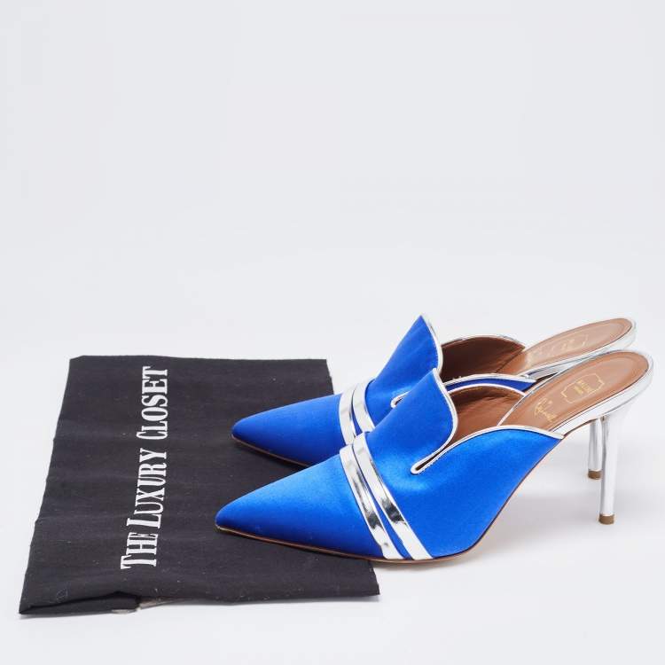 Pre Owned Malone Souliers By Roy Luwolt Blue/Silver Satin and Leather Hayley Mules Size 38