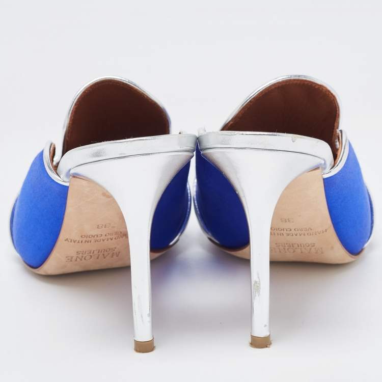 Pre Owned Malone Souliers By Roy Luwolt Blue/Silver Satin and Leather Hayley Mules Size 38