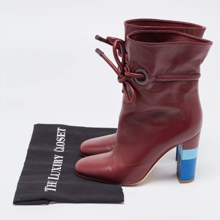Pre Owned Malone Souliers Burgundy Leather Ankle Booties Size 37.5