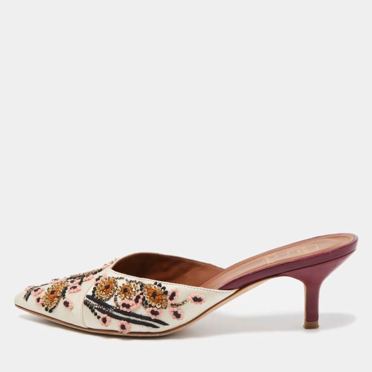 Pre Owned Malone Souliers Off White Satin Floral Embroidered Pointed Toe Mules Size 38