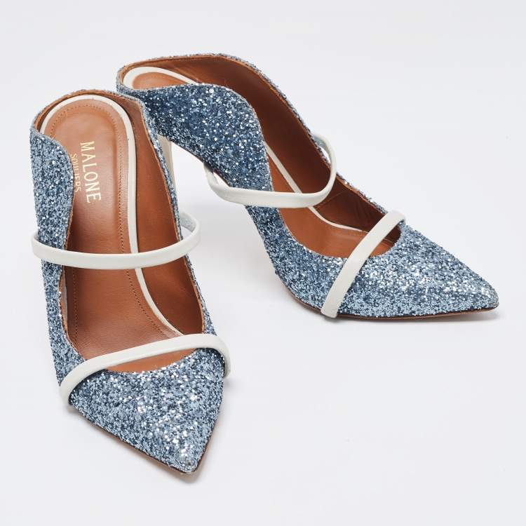 Pre Owned Malone Souliers Blue Coarse Glitter and Leather Maureen Mules Size 37
