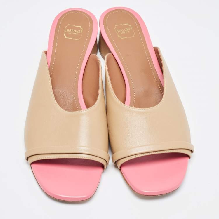 Pre Owned Malone Souliers Beige/Pink Leather Sena Slide Sandals Size 39.5