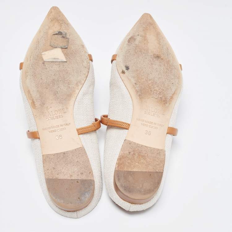 Pre Owned Malone Souliers White/Tan Canvas and Leather Maureen Flat Mules Size 36