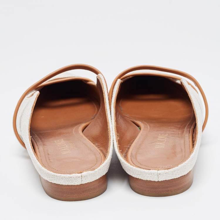 Pre Owned Malone Souliers White/Tan Canvas and Leather Maureen Flat Mules Size 36