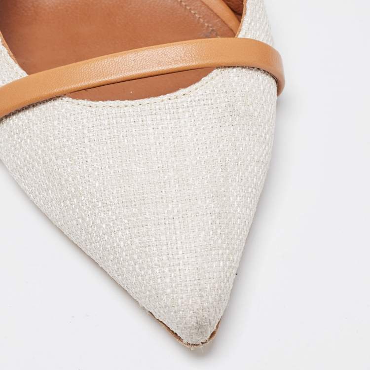 Pre Owned Malone Souliers White/Tan Canvas and Leather Maureen Flat Mules Size 36