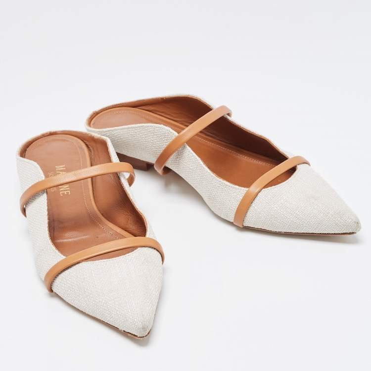 Pre Owned Malone Souliers White/Tan Canvas and Leather Maureen Flat Mules Size 36
