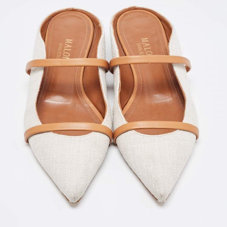 Pre Owned Malone Souliers White/Tan Canvas and Leather Maureen Flat Mules Size 36