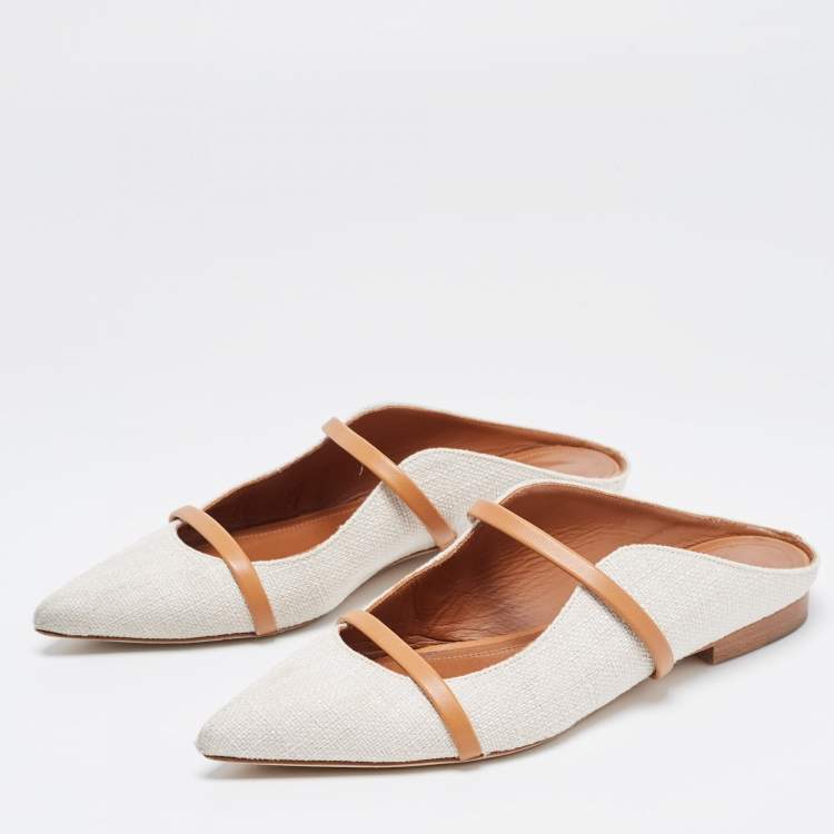 Pre Owned Malone Souliers White/Tan Canvas and Leather Maureen Flat Mules Size 36