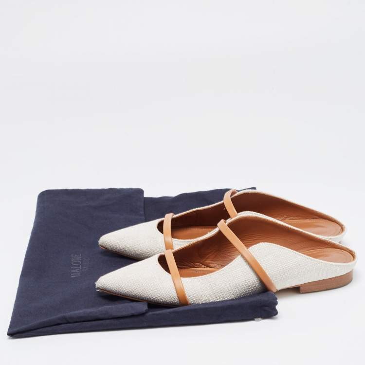 Pre Owned Malone Souliers White/Tan Canvas and Leather Maureen Flat Mules Size 36
