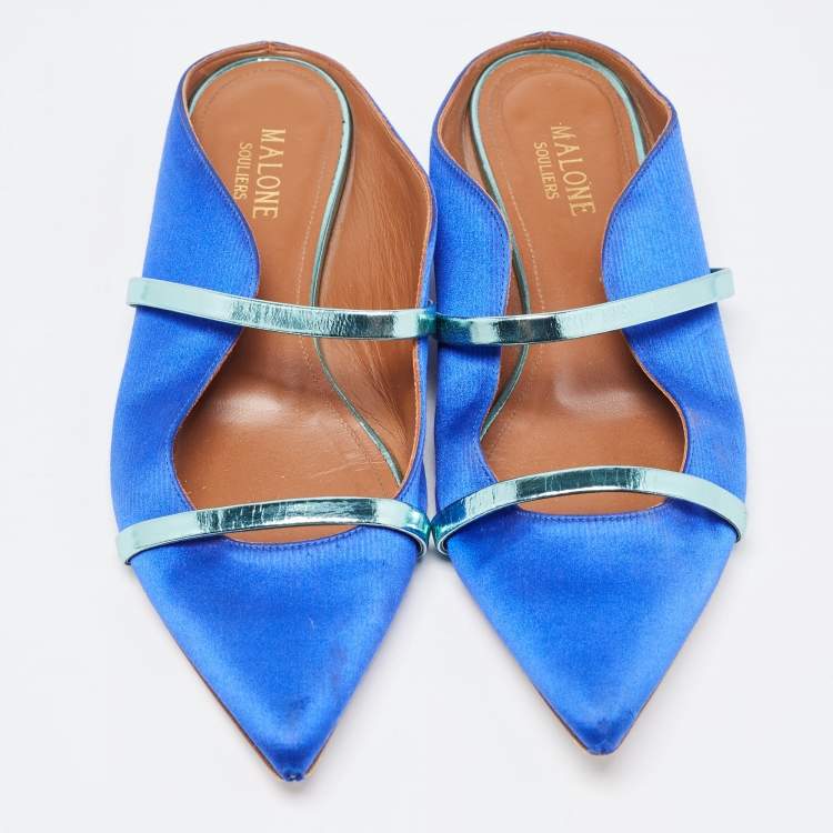 Pre Owned Malone Souliers Blue/Metallic Satin and Leather Maureen Flats Size 37
