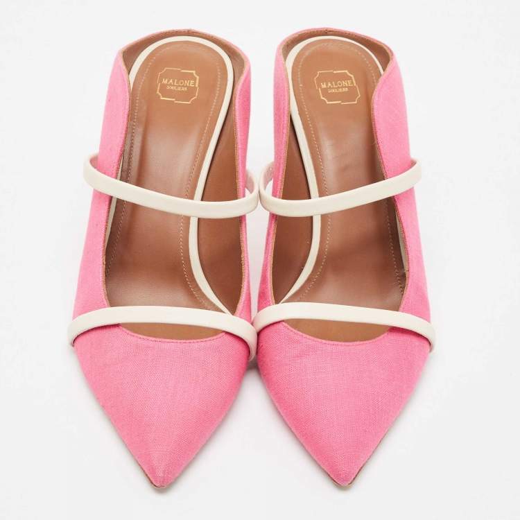 مملوكة مسبقًا Malone Souliers Pink/White Canvas and Leather Maureen Mules Size 39.5