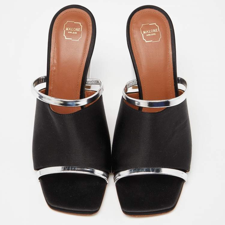 Pre Owned Malone Souliers Black/Silver Satin and Leather Laney Slide Sandals Size 38.5