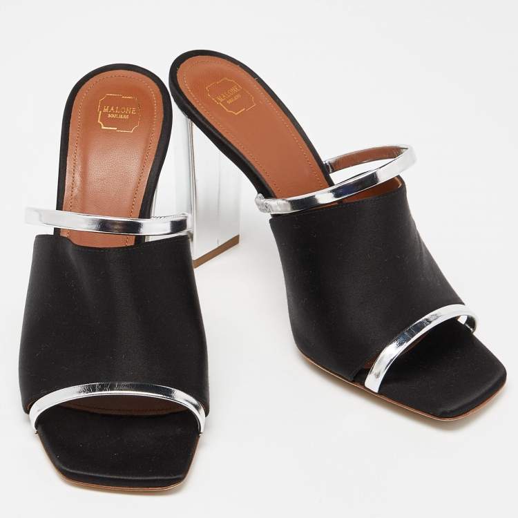 Pre Owned Malone Souliers Black/Silver Satin and Leather Laney Slide Sandals Size 38.5