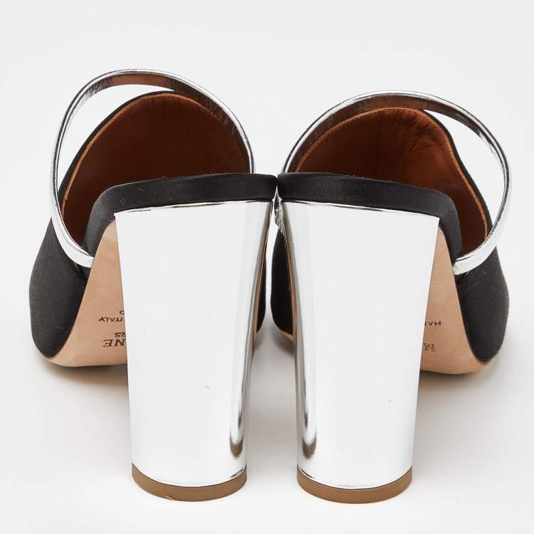 Pre Owned Malone Souliers Black/Silver Satin and Leather Laney Slide Sandals Size 38.5