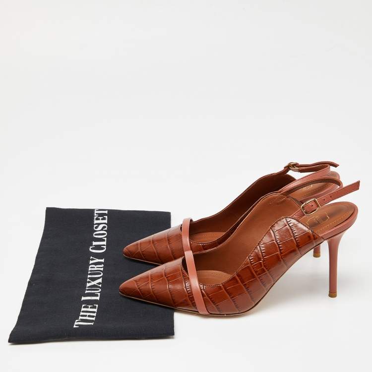 Pre Owned Malone Souliers Brown Croc Embossed Leather Marion Slingback Pumps Size 38