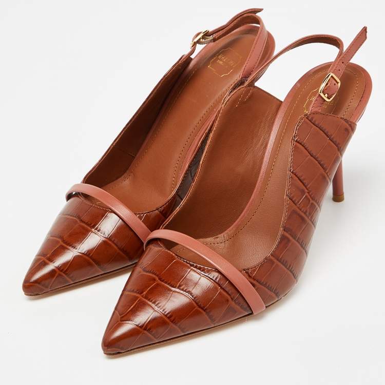 Pre Owned Malone Souliers Brown Croc Embossed Leather Marion Slingback Pumps Size 38