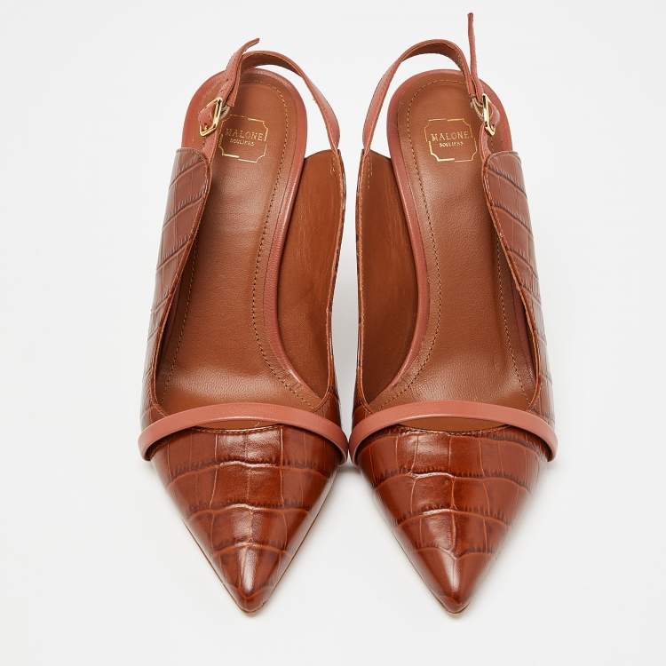 Pre Owned Malone Souliers Brown Croc Embossed Leather Marion Slingback Pumps Size 38