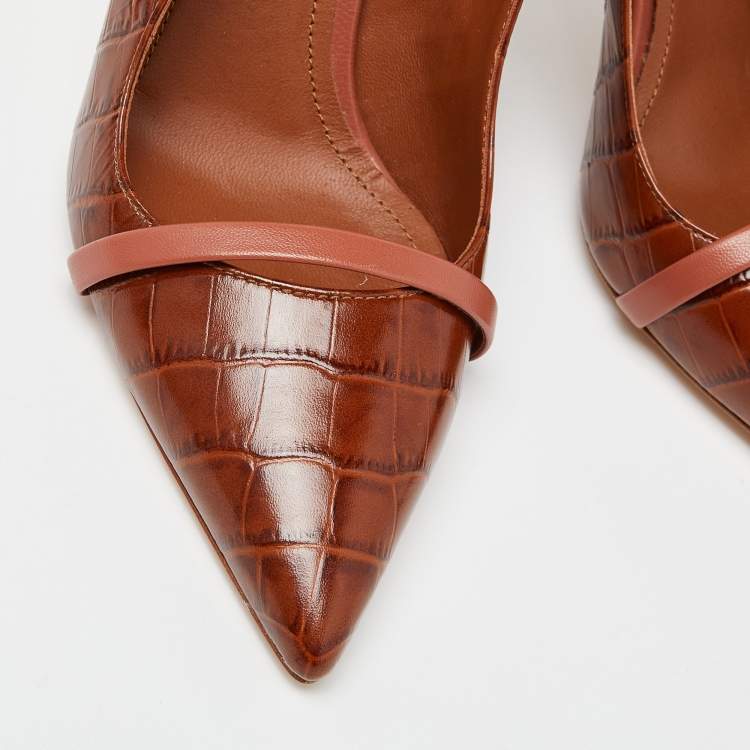 Pre Owned Malone Souliers Brown Croc Embossed Leather Marion Slingback Pumps Size 38
