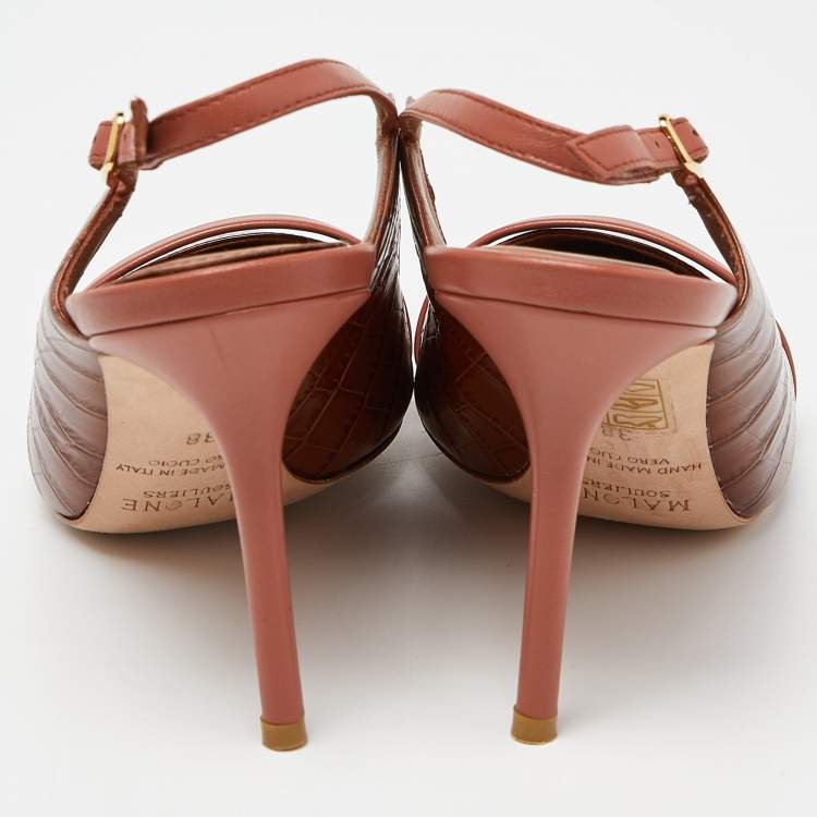 Pre Owned Malone Souliers Brown Croc Embossed Leather Marion Slingback Pumps Size 38