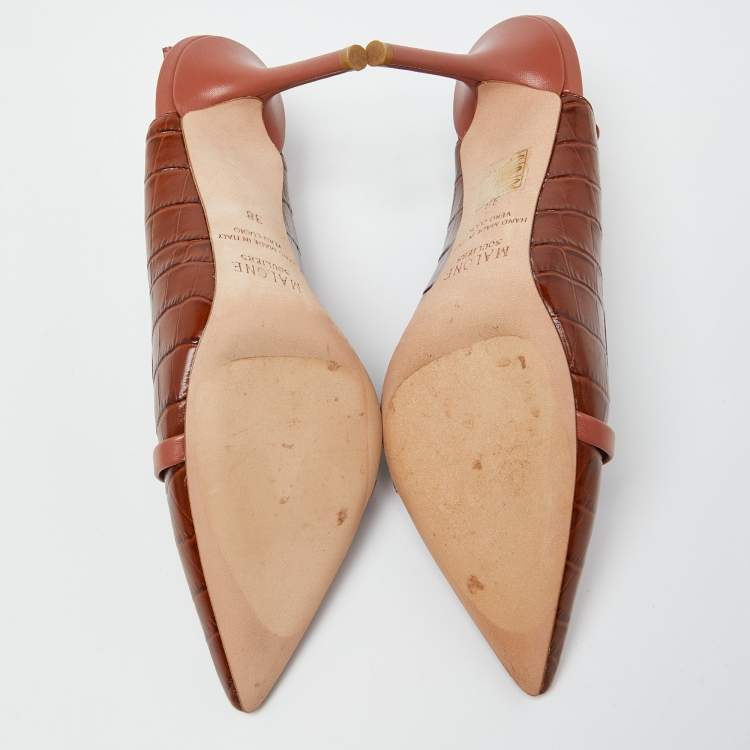 Pre Owned Malone Souliers Brown Croc Embossed Leather Marion Slingback Pumps Size 38